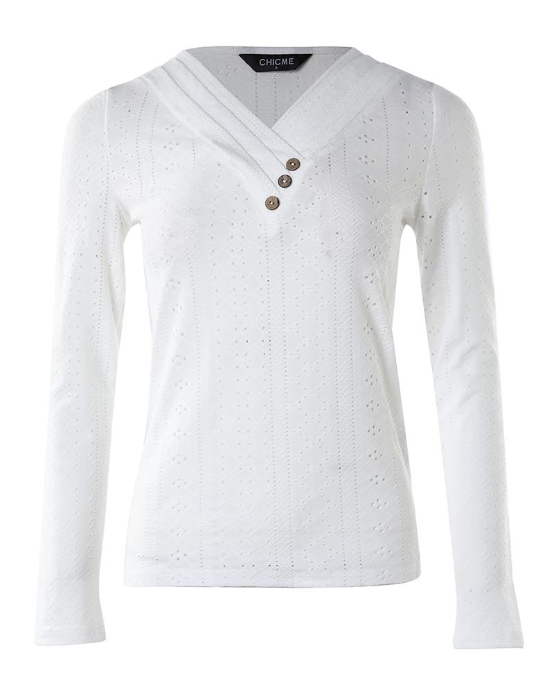 Long Sleeve Ruched Eyelet Embroidery Top