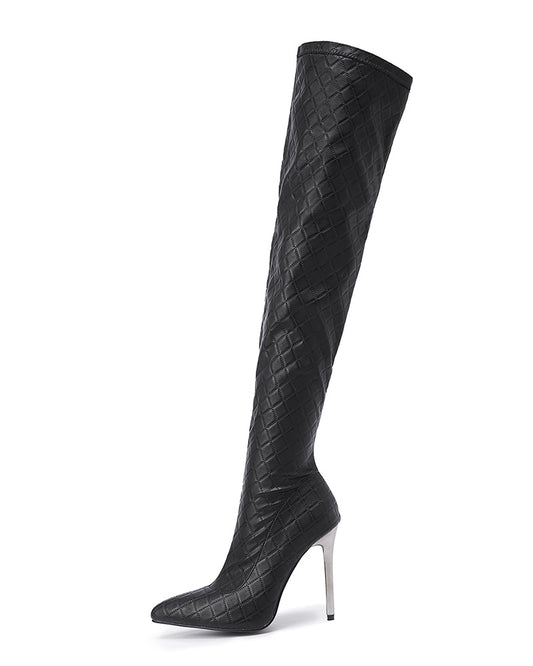 Quilted Stiletto Heel Zipper Design Long Boots