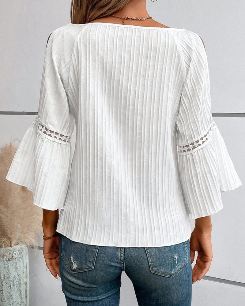 Cold Shoulder Contrast Lace Bell Sleeve Top