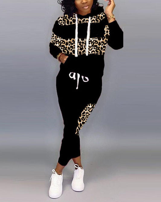 Leopard Print Long Sleeve Hoodie & Pants Set