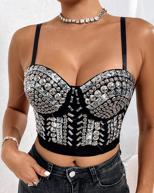 Geometric Sequin Removable Strap Crop Corset Top