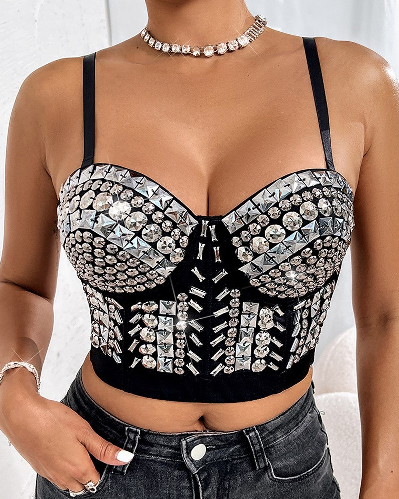 Geometric Sequin Removable Strap Crop Corset Top