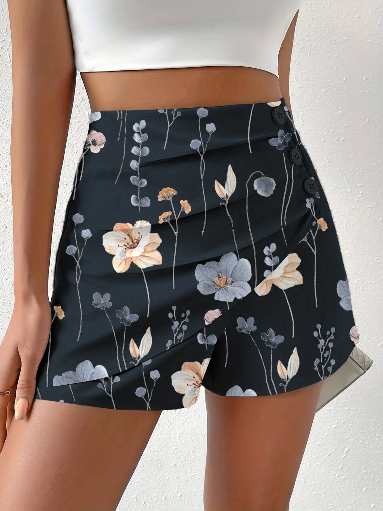 Floral Print Side Button Ruched Shorts