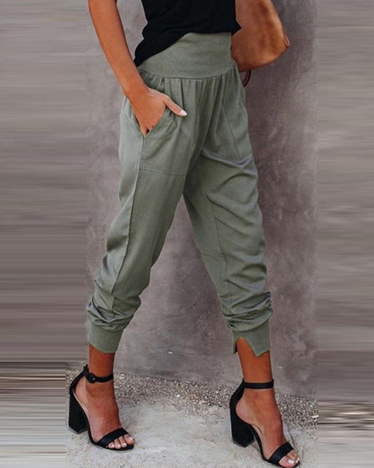 High Waist Pocket Design Casual Pants