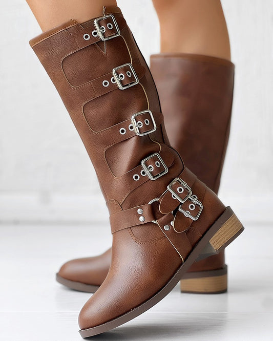 Buckled Round Toe Vintage Calf Boots