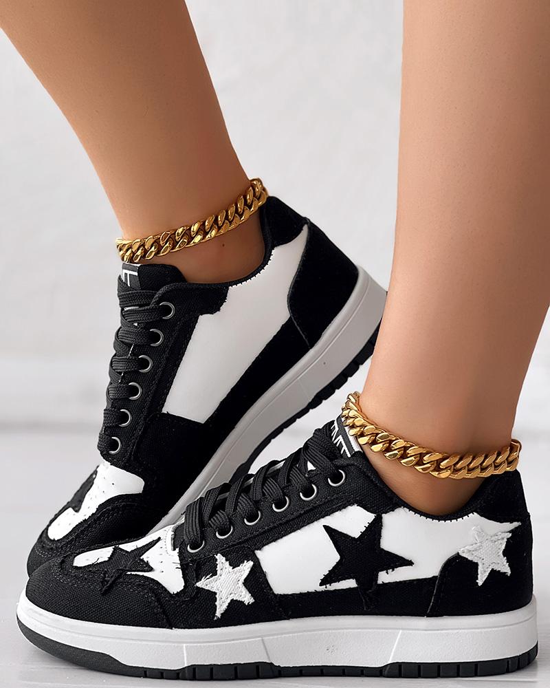 Colorblock Star Pattern Lace up Sneakers