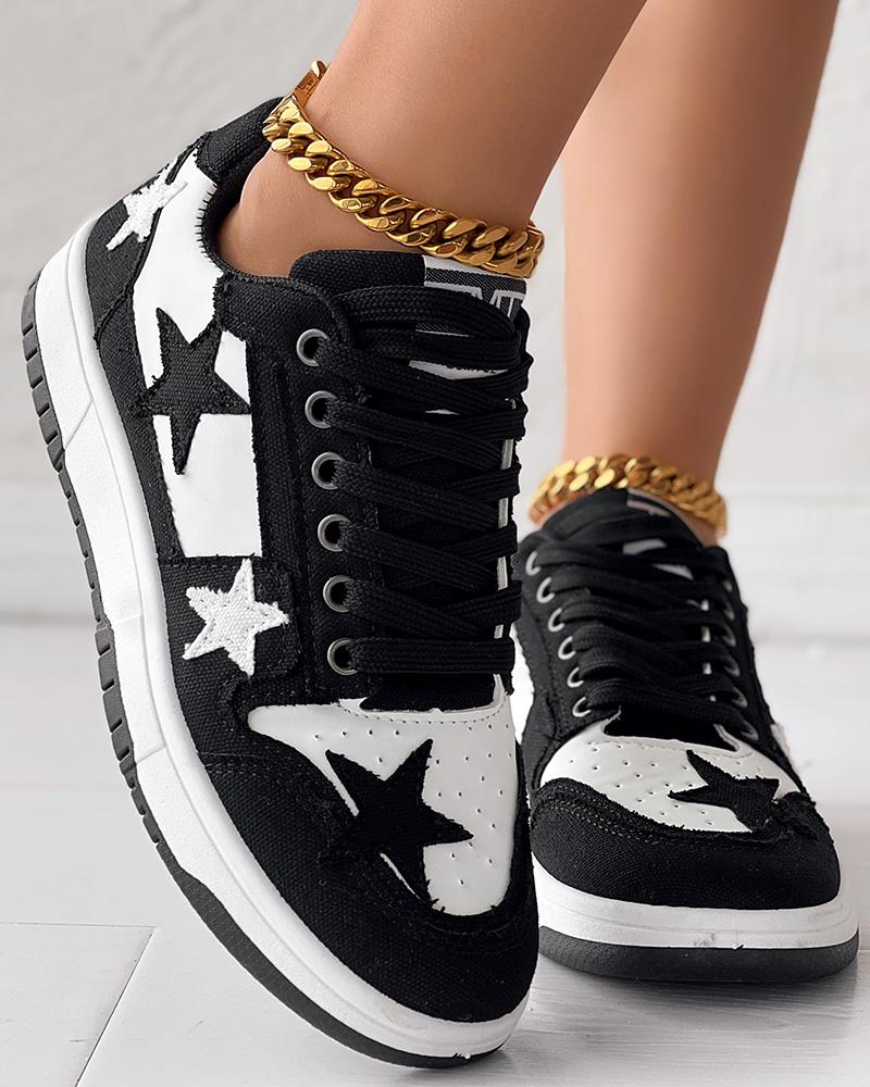 Colorblock Star Pattern Lace up Sneakers