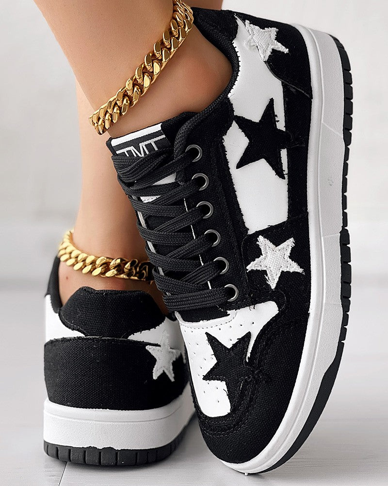 Colorblock Star Pattern Lace up Sneakers