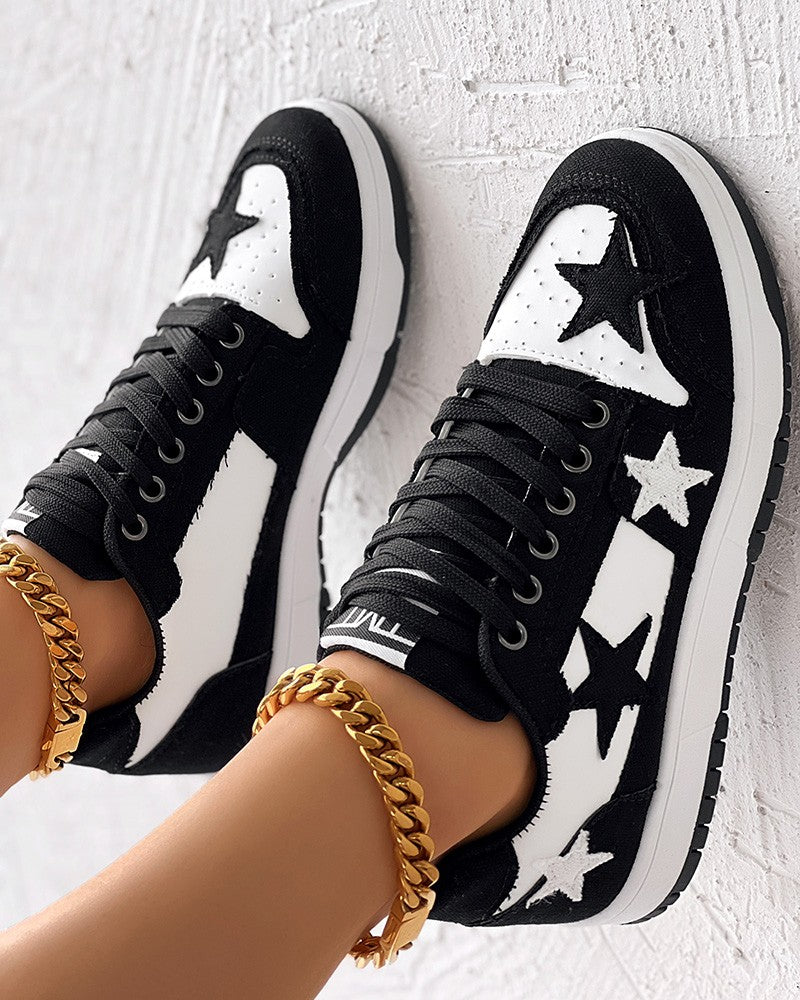 Colorblock Star Pattern Lace up Sneakers