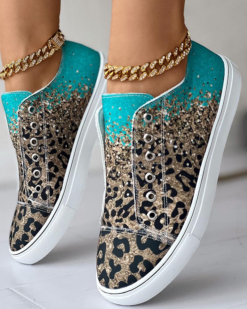 Contrast Leopard Print Eyelet Canvas Sneakers