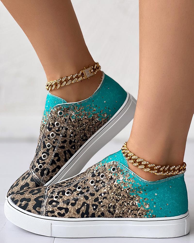 Contrast Leopard Print Eyelet Canvas Sneakers