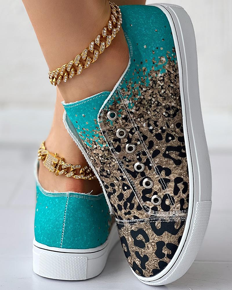 Contrast Leopard Print Eyelet Canvas Sneakers