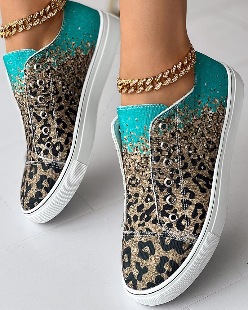 Contrast Leopard Print Eyelet Canvas Sneakers