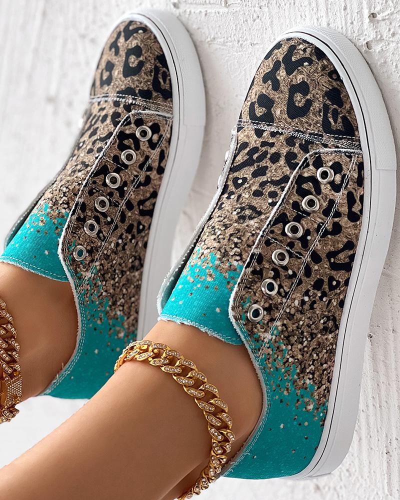 Contrast Leopard Print Eyelet Canvas Sneakers