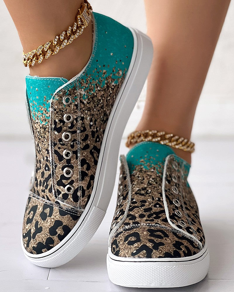 Contrast Leopard Print Eyelet Canvas Sneakers