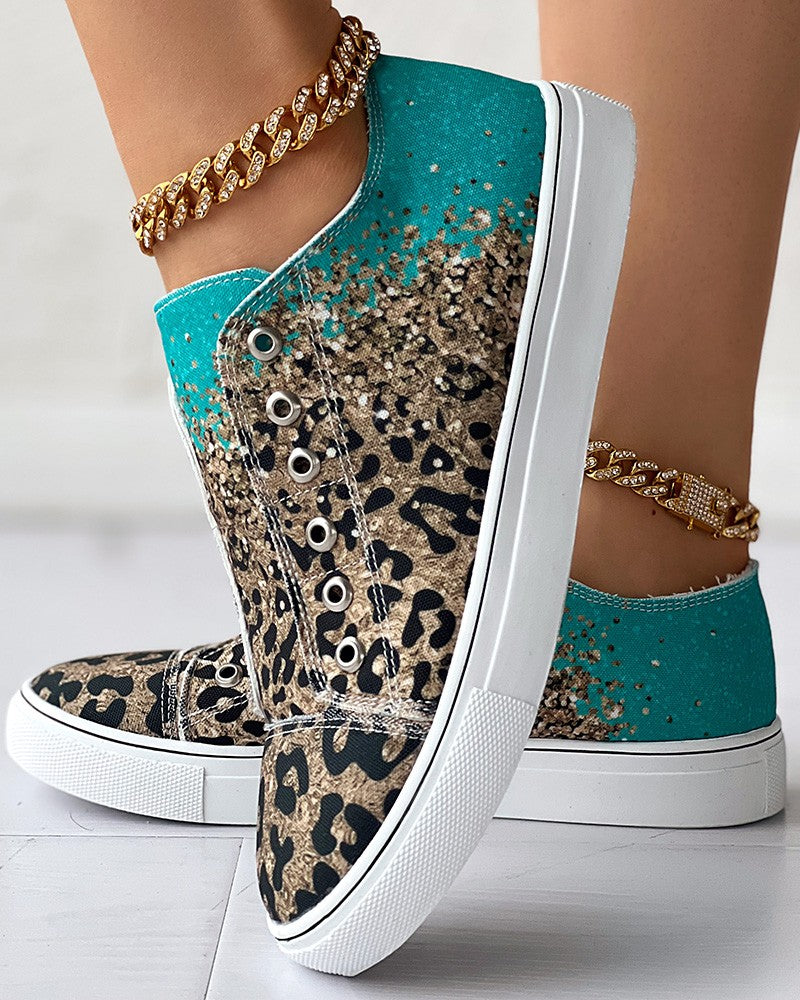 Contrast Leopard Print Eyelet Canvas Sneakers