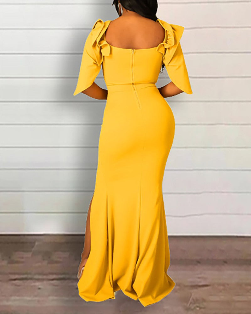 Half Sleeve Ruffle Hem Slit Party Dress