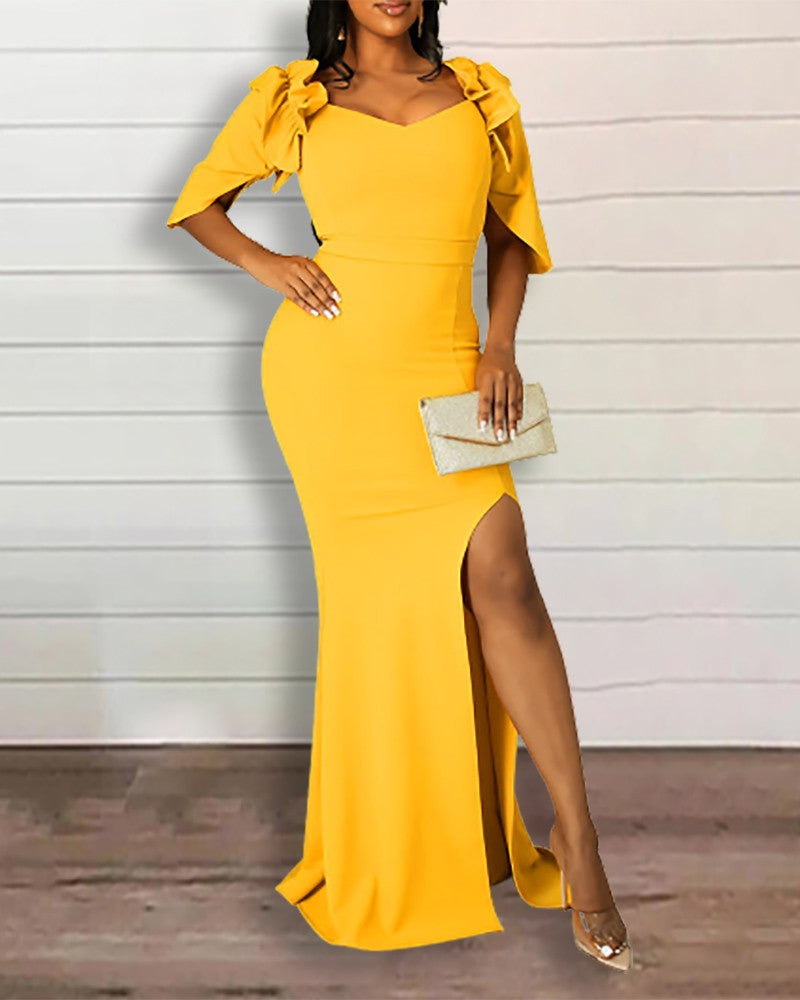 Half Sleeve Ruffle Hem Slit Party Dress