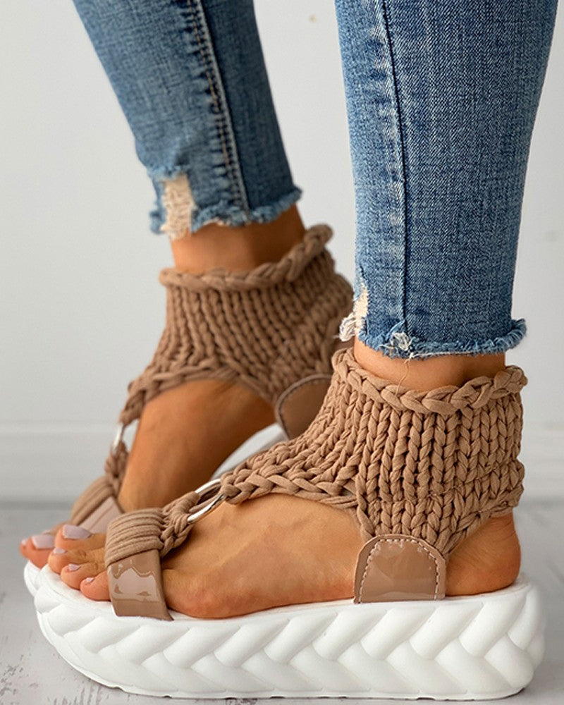 Braided Knit O Ring Cutout Platform Sandals