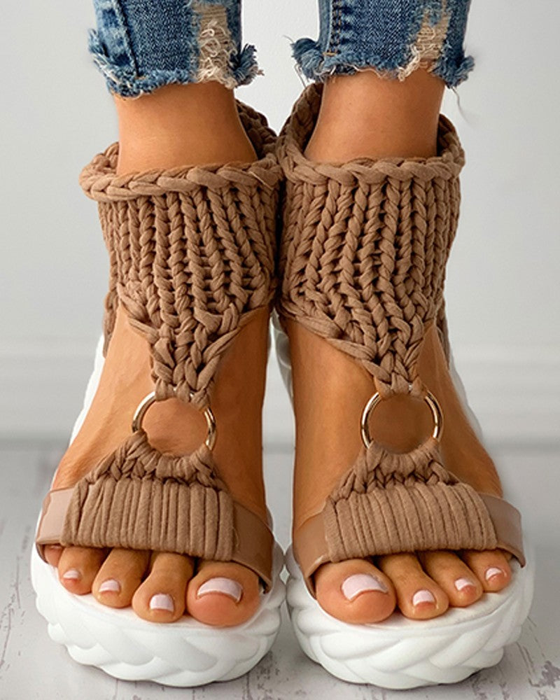 Braided Knit O Ring Cutout Platform Sandals