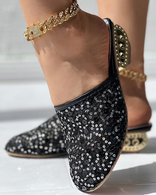 Contrast Sequin Lace Slipper Loafers