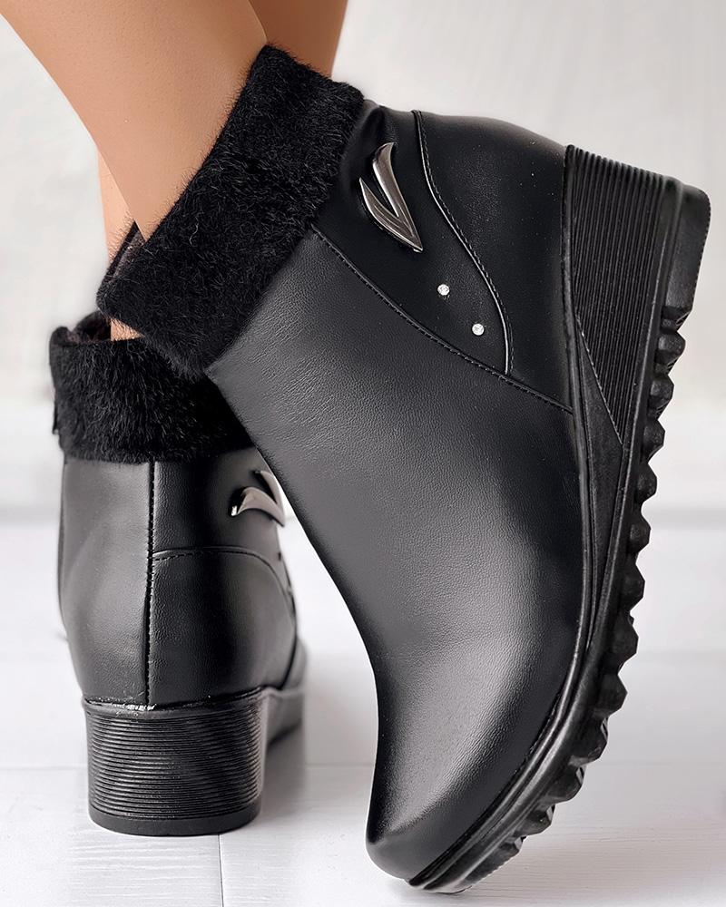 Fuzzy Detail Lined Wedge Ankle Boots