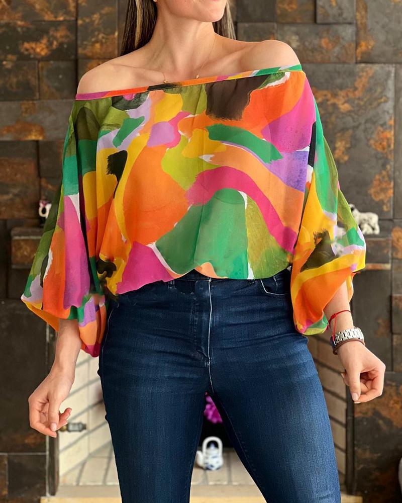 Off Shoulder Allover Print Lantern Sleeve Top