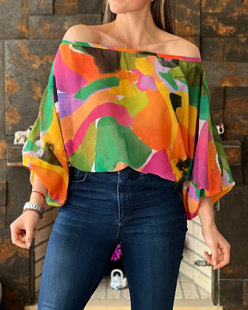 Off Shoulder Allover Print Lantern Sleeve Top