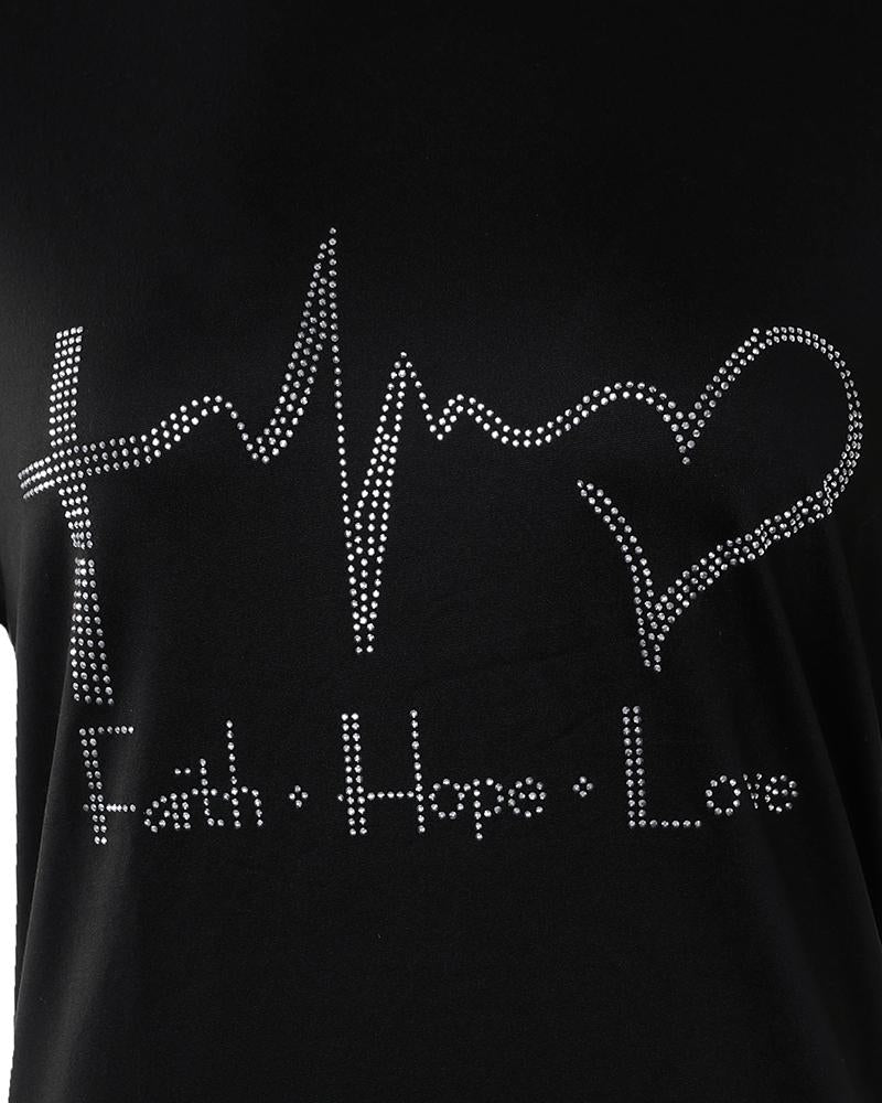 Rhinestone Letter Heart Pattern Casual T shirt