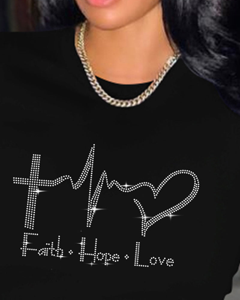 Rhinestone Letter Heart Pattern Casual T shirt