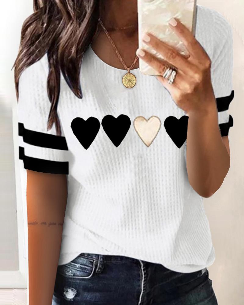 Ribbed Heart Print Colorblock Short Sleeve Top