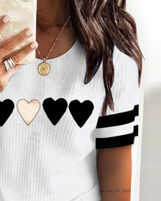 Ribbed Heart Print Colorblock Short Sleeve Top