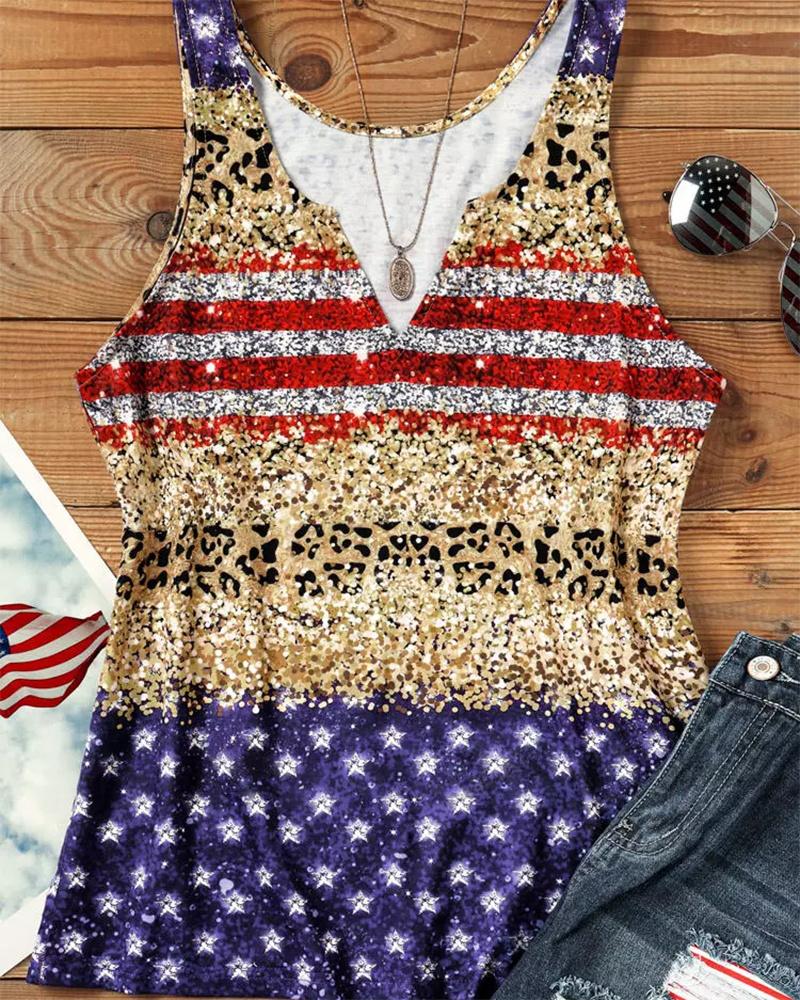 Flag Leopard Print Notch Neck Casual Tank Top