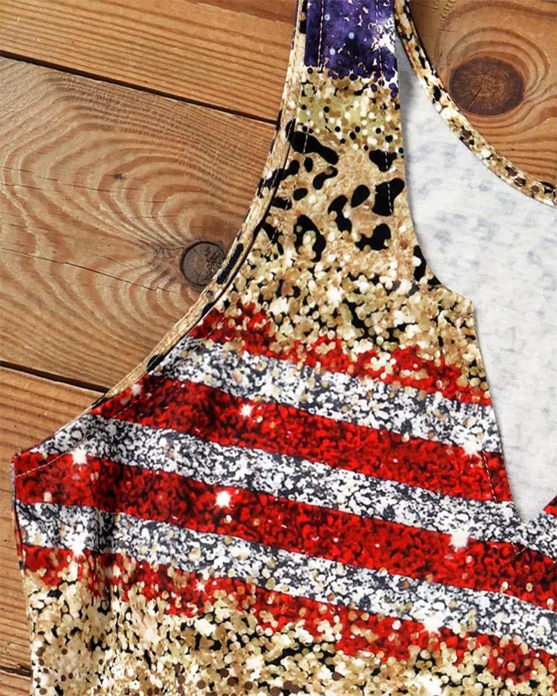 Flag Leopard Print Notch Neck Casual Tank Top