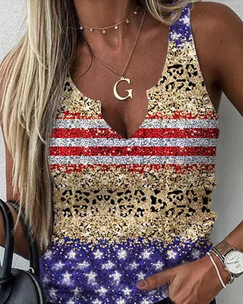 Flag Leopard Print Notch Neck Casual Tank Top