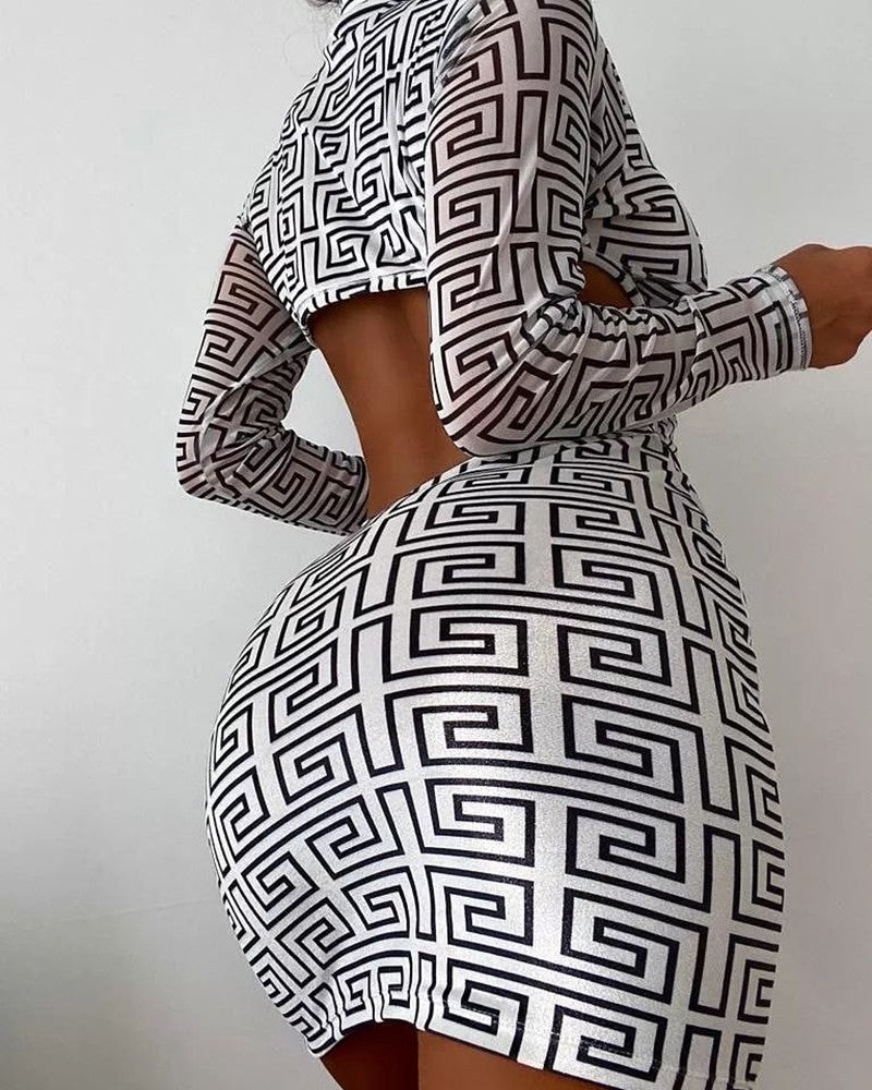 Geometric Print Long Sleeve Bodycon Dress