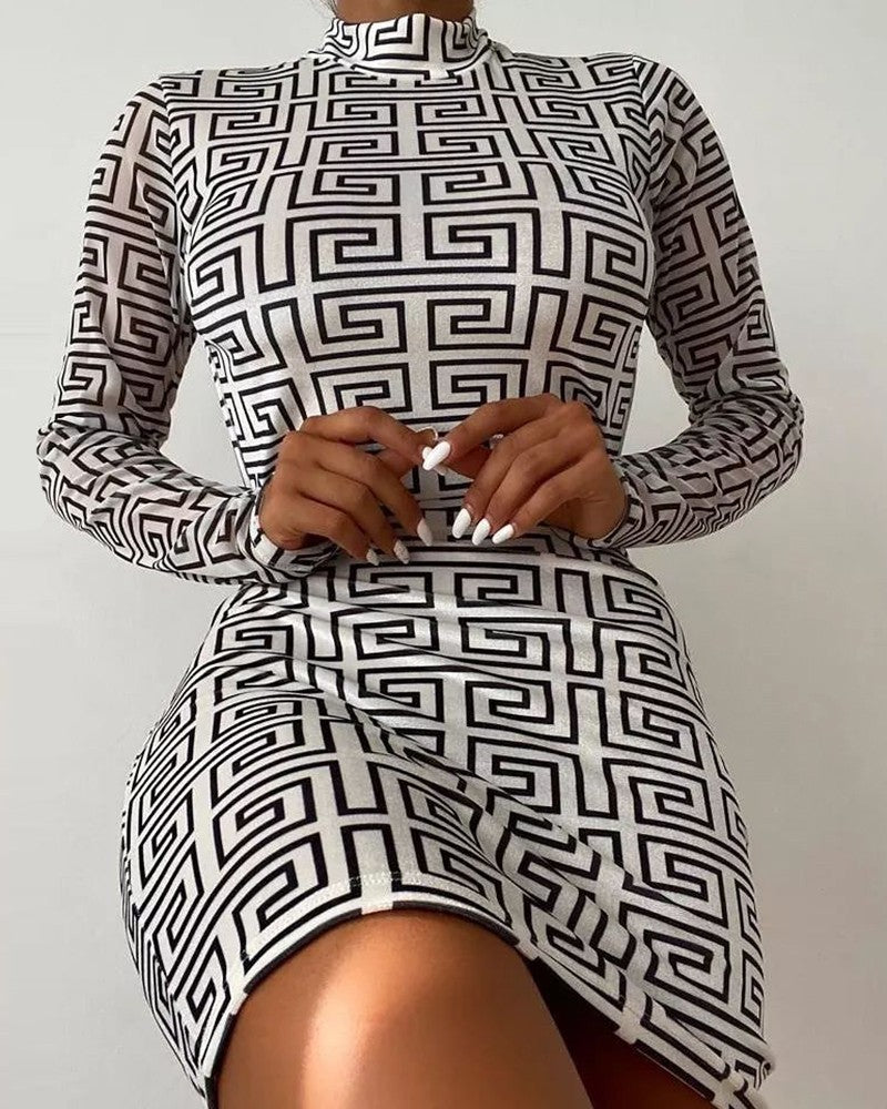 Geometric Print Long Sleeve Bodycon Dress