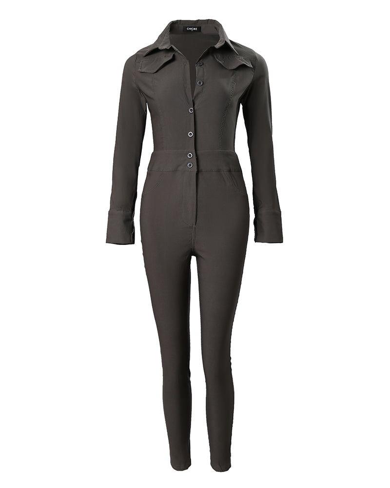 Long Sleeve Buttoned Turn Down Collar Jumpsuit