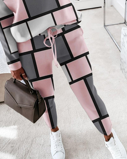 Geometric Print Buttoned Top & Drawstring Pants Set