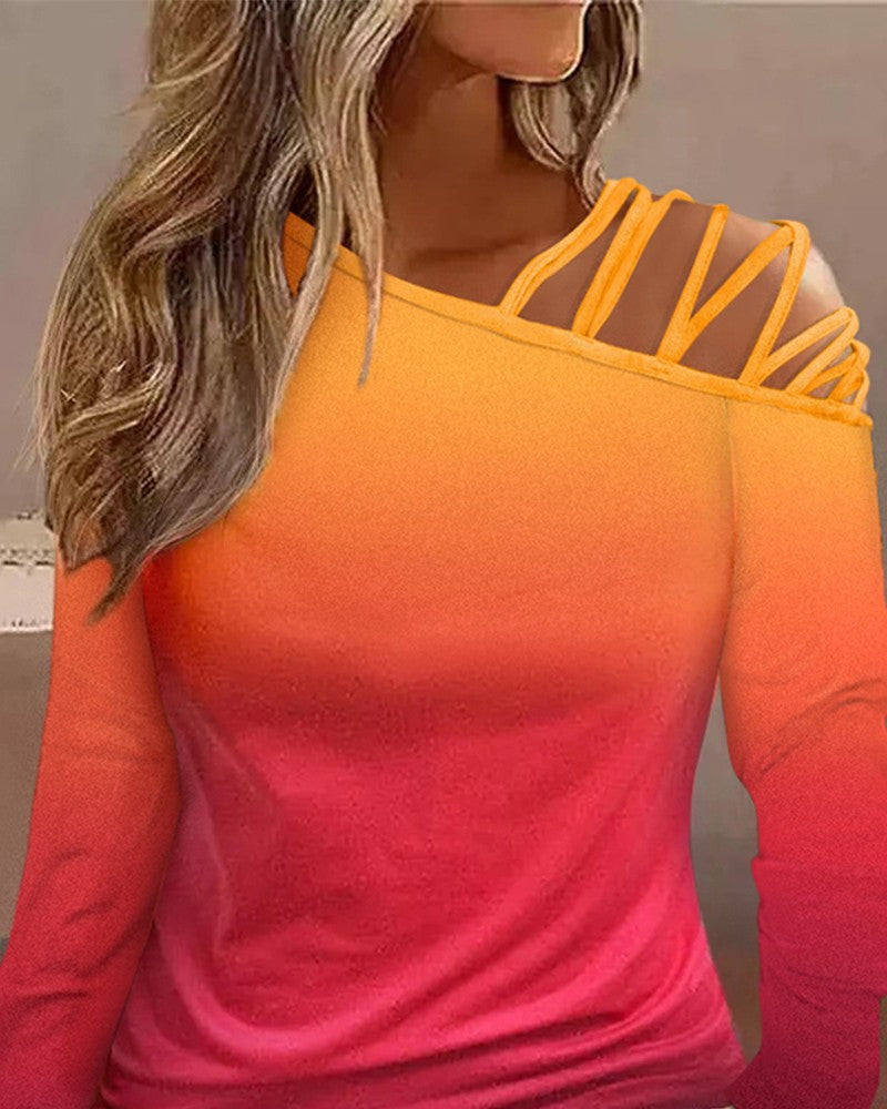 Ombre Long Sleeve Cold Shoulder Casual Top