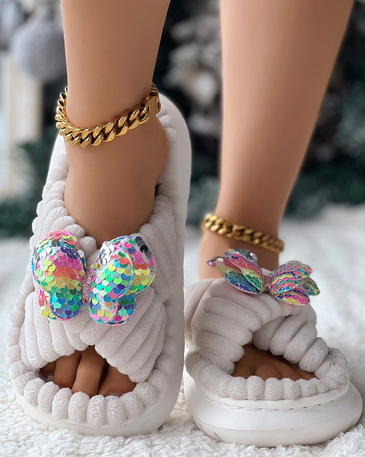 Butterfly Pattern Cross Strap Winter Slippers