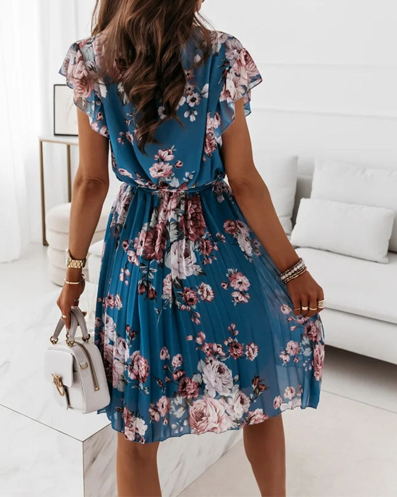 Floral Print Flutter Sleeve Pleated Wrap Dress