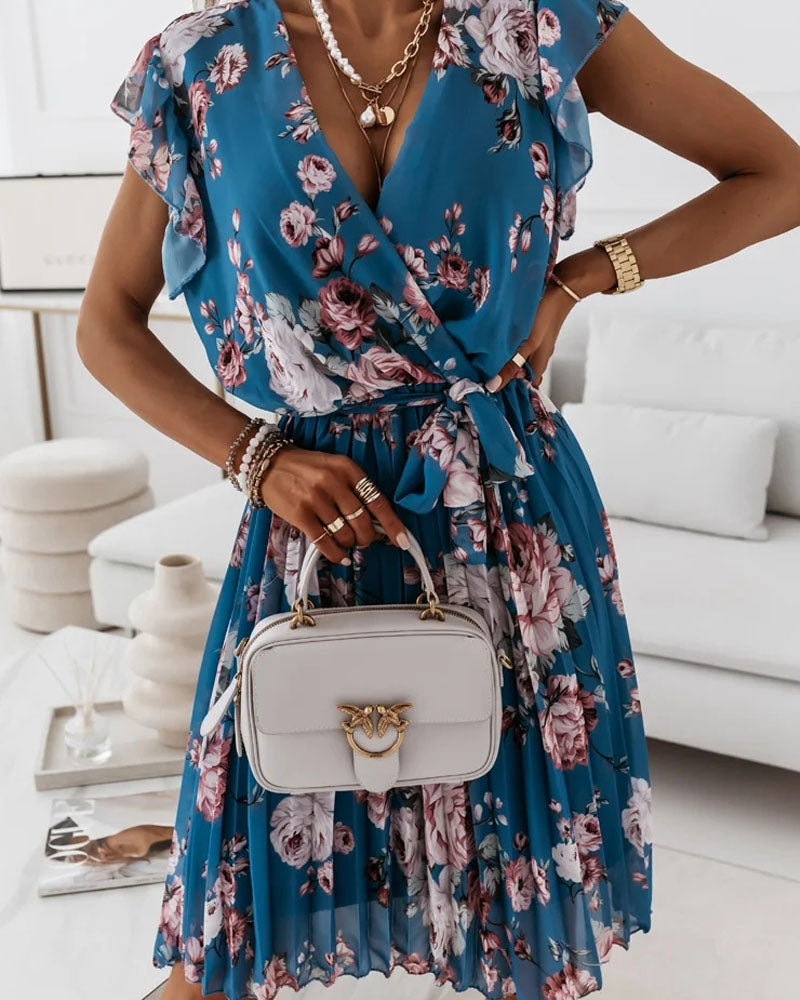 Floral Print Flutter Sleeve Pleated Wrap Dress