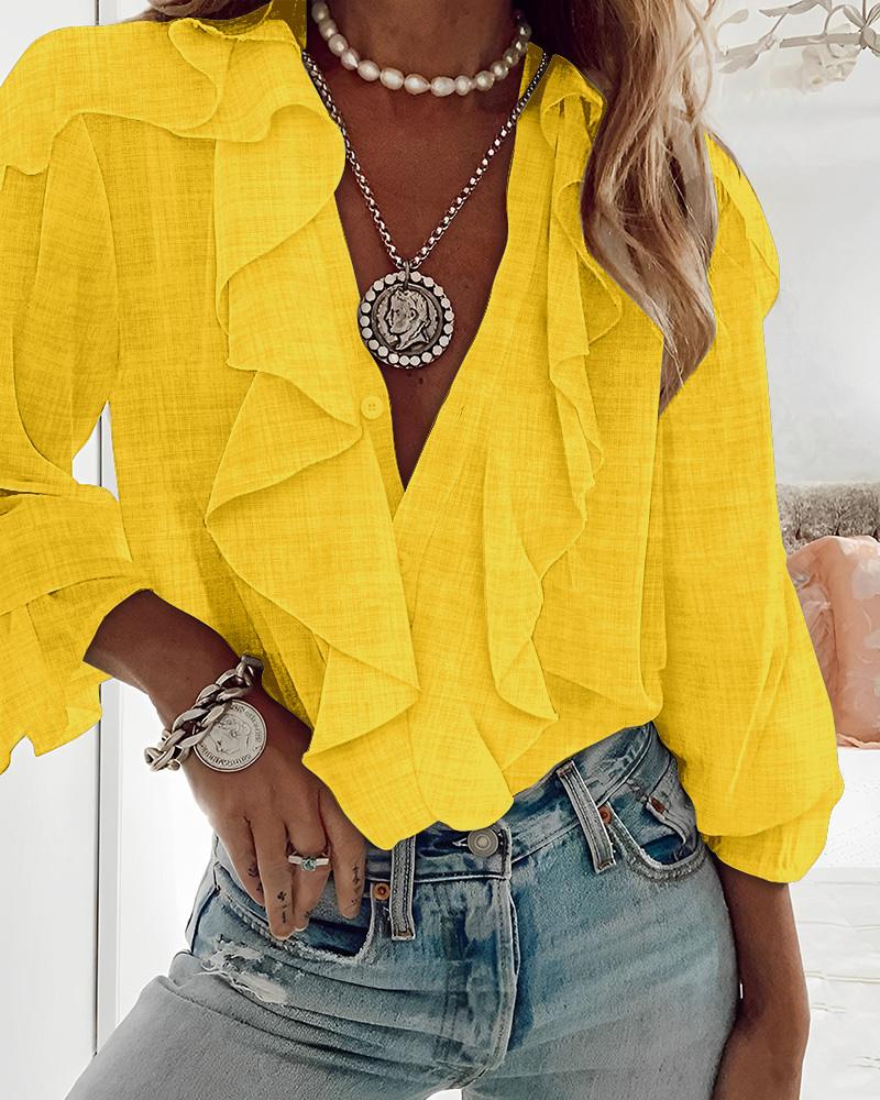 Ruffle Hem Long Sleeve Textured Blouse