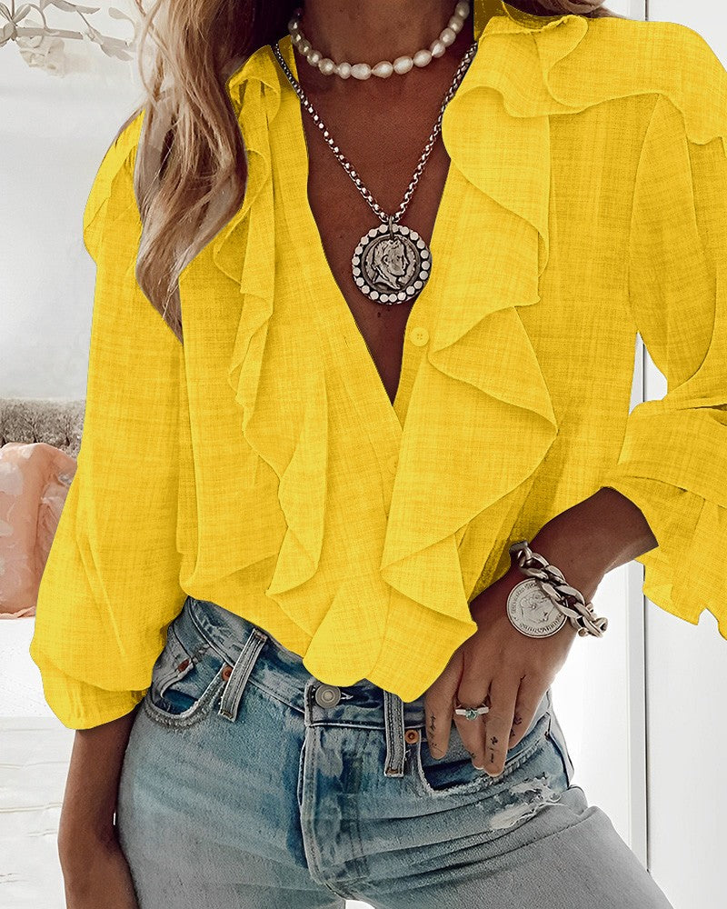 Ruffle Hem Long Sleeve Textured Blouse