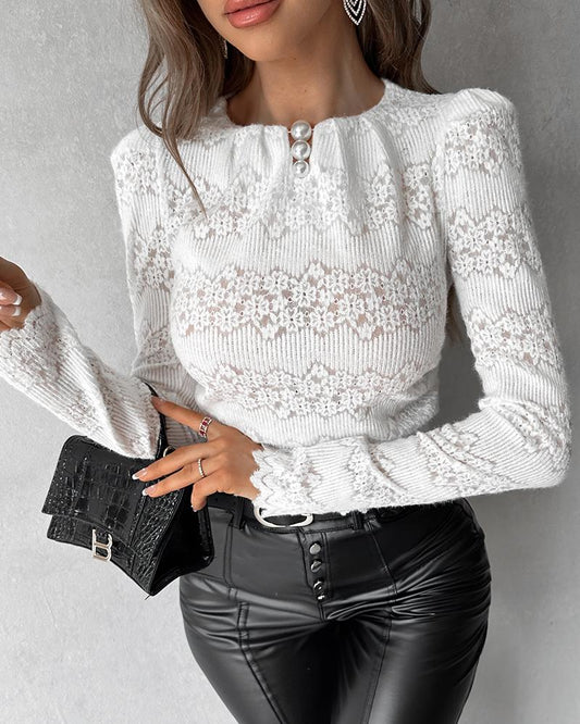 Pearls Decor Contrast Lace Puff Sleeve Top