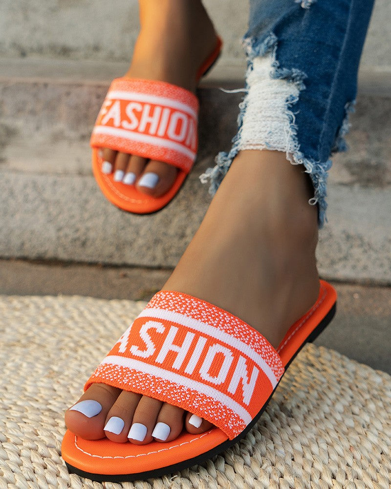 Letter Fashion Pattern Wide Strap Beach Slippers