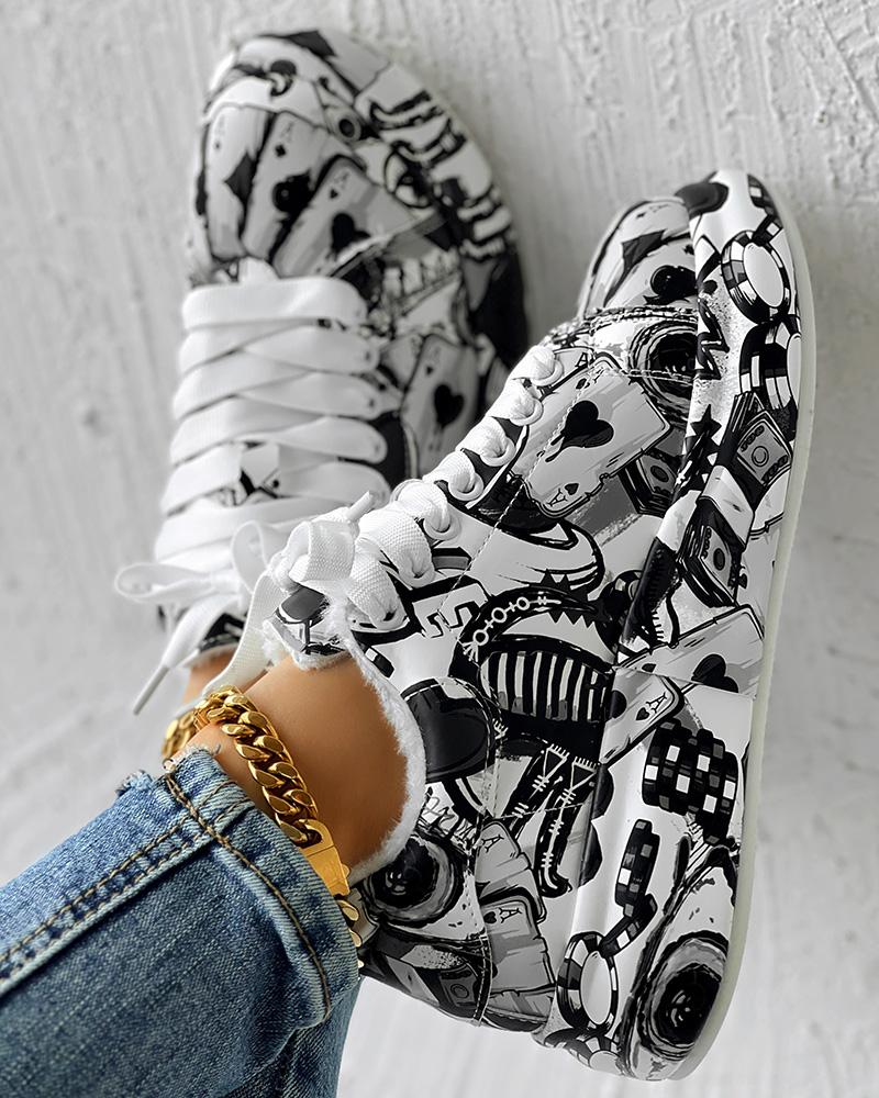 Cartoon Graphic Letter Lace up Lined Sneakers