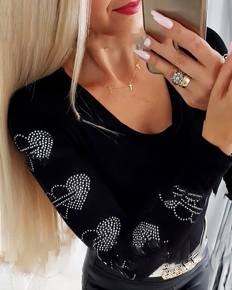 Rhinestone Heart Pattern Long Sleeve Top