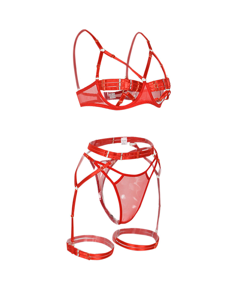 3PCS Hollow Out Sheer Mesh Garter Lingerie Set